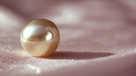 A stunning close-up image showcasing a single pearl resting on a soft pink fabric background. The smooth surface of the pearl creates beautiful reflections and gentle shadows, exuding an elegant and luxurious feel. This image captures the essence of beauty and sophistication, perfect for various design and fashion projects.の素材