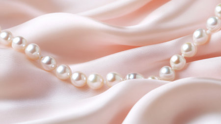 This image features a lustrous string of pearls elegantly resting on soft pink satin fabric, creating a luxurious and sophisticated display suitable for jewelry and fashion themes.の素材
