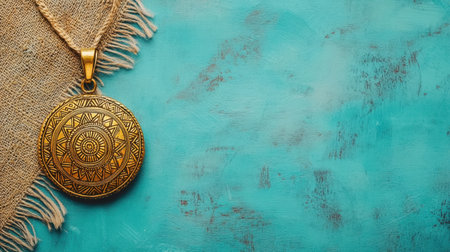This stunning image features an ornate golden pendant resting on a textured turquoise background, blending elegance with artistic craftsmanship.の素材