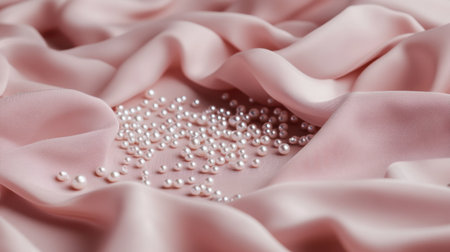 A stunning close-up of pink silk fabric featuring a delicate scattering of glossy pearls, creating an elegant and luxurious aesthetic. Perfect for fashion and decor themes.の素材