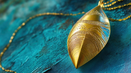 This stunning close-up showcases a beautifully designed gold pendant necklace resting on a vibrant textured surface. Ideal for jewelry enthusiasts.の素材