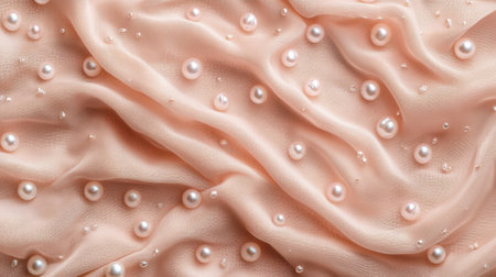 This image showcases an elegant light pink fabric adorned with scattered pearls and delicate embellishments, perfect for sophisticated design projects.の素材