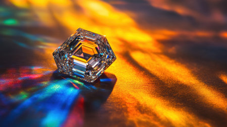 A mesmerizing hexagonal crystal sits elegantly on a reflective surface, capturing and refracting vibrant light in a stunning array of colors.の素材
