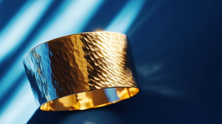 This elegant cuff bracelet showcases a stunning hammered design with intricate textures in gold and silver, expertly reflecting light for a dramatic effect.の素材