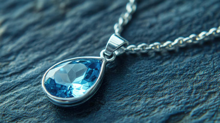 A stunning close-up of a blue gemstone pendant necklace resting on a textured stone surface, showcasing its exquisite design and vibrant color.の素材