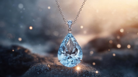 A stunning teardrop blue gemstone pendant hangs gracefully on a silver chain, surrounded by a soft, shimmering bokeh background, embodying elegance and allure.の素材