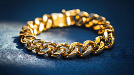 A stunning golden chain bracelet displayed on a soft blue surface, accentuating its shine and intricate design. Perfect for luxury fashion and jewelry lovers.の素材