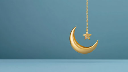 A captivating image of a golden crescent moon and star gracefully suspended against a soft blue backdrop, evoking a sense of tranquility and charm.の素材