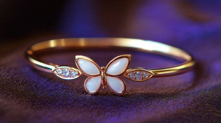 This stunning rose gold bracelet showcases a butterfly design adorned with white stones, perfect for adding elegance to any outfit. The silky purple background enhances its beauty.の素材