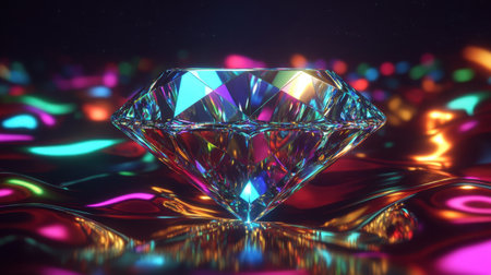 A mesmerizing diamond sits atop a vibrant abstract surface, reflecting colorful lights and creating a magical atmosphere. Perfect for luxury themes.の素材