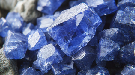 This captivating image features an assortment of blue crystals, highlighting their stunning textures and intricate shapes. Perfect for nature and geology themes.の素材