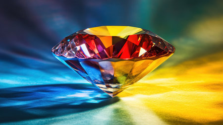 A striking diamond gemstone displays a stunning array of vivid colors as it reflects light on a dynamic background, showcasing beauty and brilliance.の素材