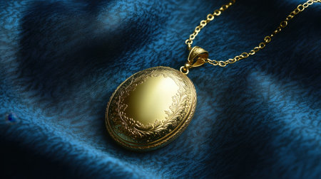 A stunning golden locket pendant resting gracefully on a soft blue velvet background, showcasing elegance and timeless beauty ideal for jewelry photography.の素材