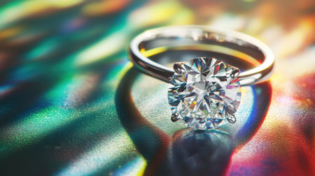A stunning diamond ring showcased on a vibrant, colorful background, with intricate reflections that emphasize its brilliance and elegance, perfect for romantic themes.の素材