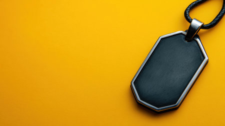A sleek black pendant necklace featured on a vibrant yellow background, offering space for branding or customization. Ideal for jewelry showcases or fashion displays.の素材