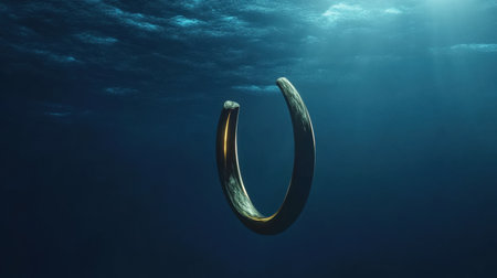 An enchanting gold ring floats gracefully in the deep blue ocean, illuminated by soft rays of light. This mysterious scene blends beauty and tranquility, inviting viewers to explore the allure of the underwater world.の素材