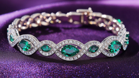 This exquisite bracelet showcases a stunning design featuring vibrant emerald gemstones and shimmering diamonds on soft purple velvet, perfect for elegant occasions.の素材