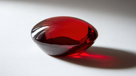 A striking smooth red gemstone with a glossy surface sits elegantly on a white background, showcasing its vivid color and subtle reflection. Perfect for artistic projects.の素材