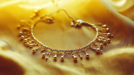 This stunning gold bracelet features delicate beads and intricate design, displayed beautifully on soft yellow fabric, highlighting luxury and elegance.の素材