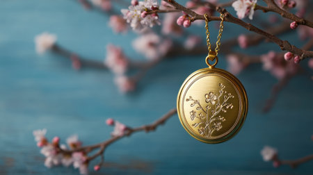 This elegant gold locket features a delicate floral design, beautifully suspended against a soft blue background with blossom branches. Perfect for capturing memories.の素材