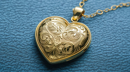This stunning golden heart locket features intricate swirling designs and hangs gracefully on a delicate chain against a textured blue background.の素材