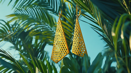 Stunning golden earrings showcase their intricate design against a lush tropical backdrop, perfect for highlighting summer style and elegance.の素材