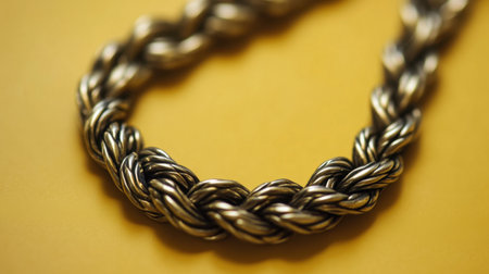 This image captures a stunning close-up of a braided chain in gold tones resting on a bold yellow background, highlighting intricate design and craftsmanship.の素材