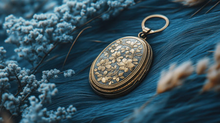 A beautiful vintage floral locket rests on a soft blue background, surrounded by delicate natural elements that enhance its timeless elegance. Perfect for evoking nostalgia.の素材
