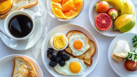 A vibrant breakfast spread featuring fresh fruits, sunny-side-up eggs on toast, a warm beverage, and colorful citrus in a bowl. Perfect for a healthy start.の素材