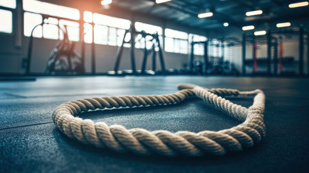 Close-up view of an exercise rope resting on the gym floor, highlighting a modern fitness center atmosphere filled with workout equipment and natural light.の素材
