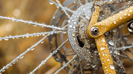 This close-up image showcases a bicycle gear and spokes glistening with droplets of water in a natural outdoor setting. The intricate details highlight the beauty of bike components.の素材