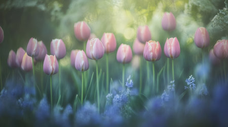 A captivating scene featuring soft pink tulips surrounded by delicate blue flowers, set in a lush garden. The dreamy landscape captures a serene ambiance perfect for spring inspirations.の素材