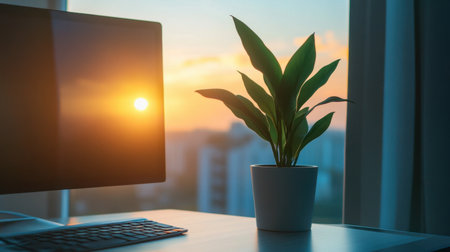 A serene modern workspace featuring a computer and a potted plant beside a window, capturing the warm glow of a sunset for a peaceful atmosphere.の素材