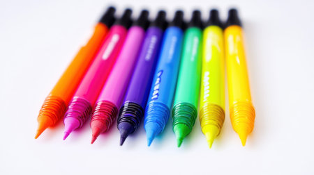 A collection of vibrant markers showcased in a straight line, perfect for highlighting creativity, art projects, and educational activities. Ideal for kids and adults.の素材