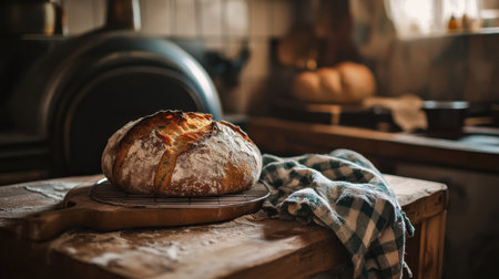 A rustic loaf of freshly baked bread rests on a wooden table, complemented by a checkered towel. The warm kitchen background enhances the inviting atmosphere.の素材