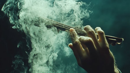 A close-up image of a hand playing a violin bow amidst swirling smoke, capturing the essence of musical artistry and emotional expression in a dramatic setting.の素材