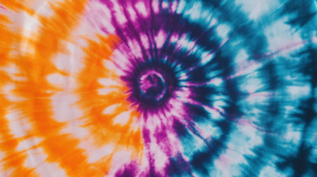 This image showcases a colorful spiral tie-dye pattern featuring vibrant hues of orange, purple, and blue. The design embodies a creative and artistic flair, perfect for various projects.の素材