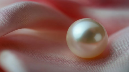 This close-up image showcases a beautiful pearl resting on smooth satin fabric, highlighting its natural luster and elegant appearance, perfect for luxury themes.の素材