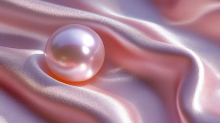 This image captures a beautiful pearl resting on soft pink satin fabric, showcasing elegant textures and gentle reflections, ideal for design inspiration.の素材