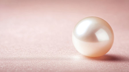 A stunning close-up of a single pearl resting on a soft pink surface, highlighting its glossy texture and natural beauty in a minimalist composition.の素材