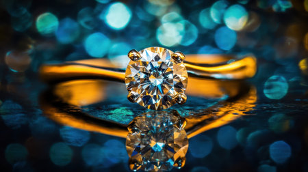 Stunning close-up of an elegant gold ring featuring a sparkling diamond centerpiece, beautifully set against a mesmerizing bokeh background.の素材