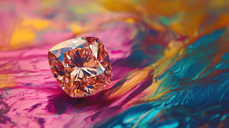 A stunning orange diamond captures light beautifully, placed against a vibrant and colorful backdrop. The image highlights luxury and elegance in design.の素材