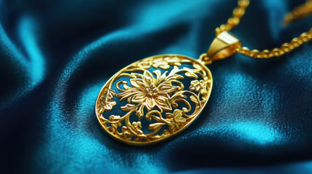 This striking gold pendant features intricate floral designs, beautifully displayed on a luxurious satin fabric. Perfect for showcasing elegance and artistry.の素材