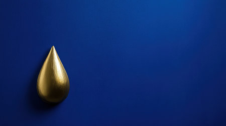 This image features a sleek golden droplet set against a deep blue background, creating an elegant and striking visual. Perfect for creative projects.の素材