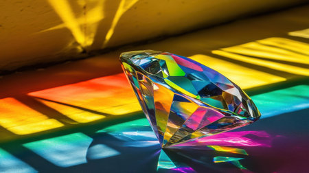 A stunning diamond crystal reflects a spectrum of colorful light across a surface, creating enchanting patterns and vibrant shadows. Perfect for artistic themes.の素材