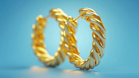 This beautiful close-up features elegant twisted gold hoop earrings against a soft blue background, showcasing their stunning design and shine. Perfect for jewelry enthusiasts.の素材