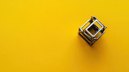 A metallic geometric shape sits prominently on a vibrant yellow background, symbolizing creativity and modern design. This artwork captures simplicity and elegance, fostering inspiration in various creative fields.の素材