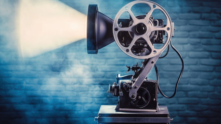 A vintage film projector casts a bright light in a dimly lit room, showcasing the beauty of classic cinema and evoking nostalgia for film lovers.の素材