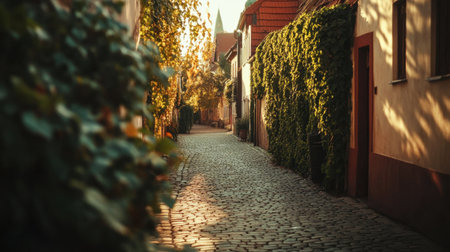 A picturesque cobblestone alley bathed in warm sunlight, flanked by lush greenery, creating a tranquil atmosphere in a charming historic town.の素材