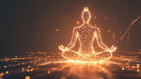 This mesmerizing image depicts a meditative silhouette illuminated by radiant cosmic light, symbolizing inner peace and tranquility. Perfect for wellness themes.の素材